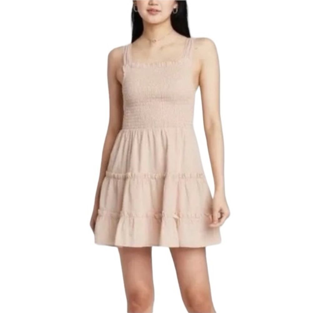 Wild Fable Smocked Stretchy Tiered Sleeveless Ruffle Hem Mini Dress Beige XXL